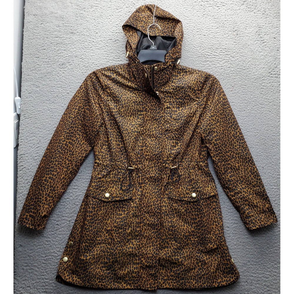Talbots Rain Jacket Womens Petite Multi Leopard Print Hooded Snap Inside Zip EUC